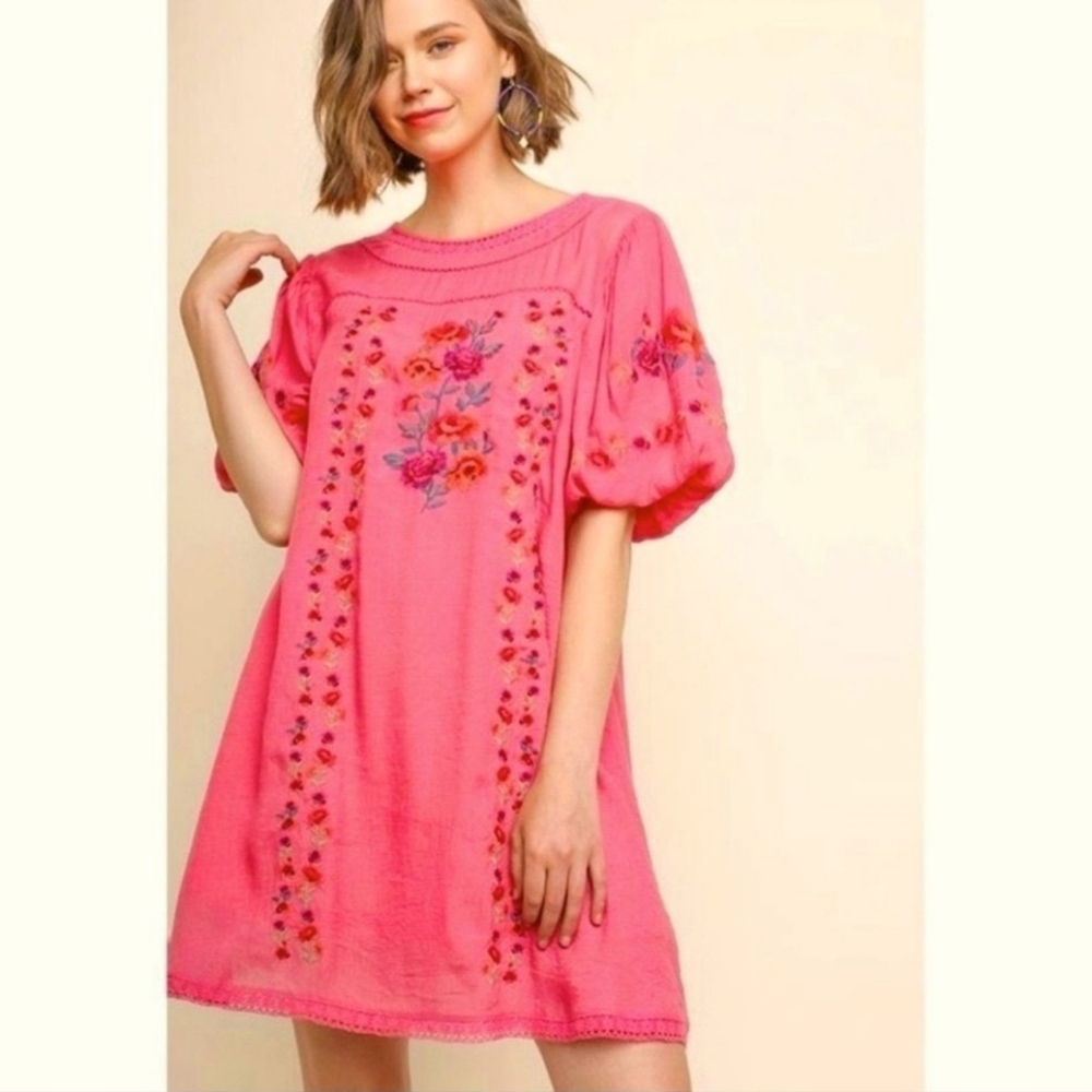 UMGEE Pink embroidered puff sleeve tunic dress NWT Size Large